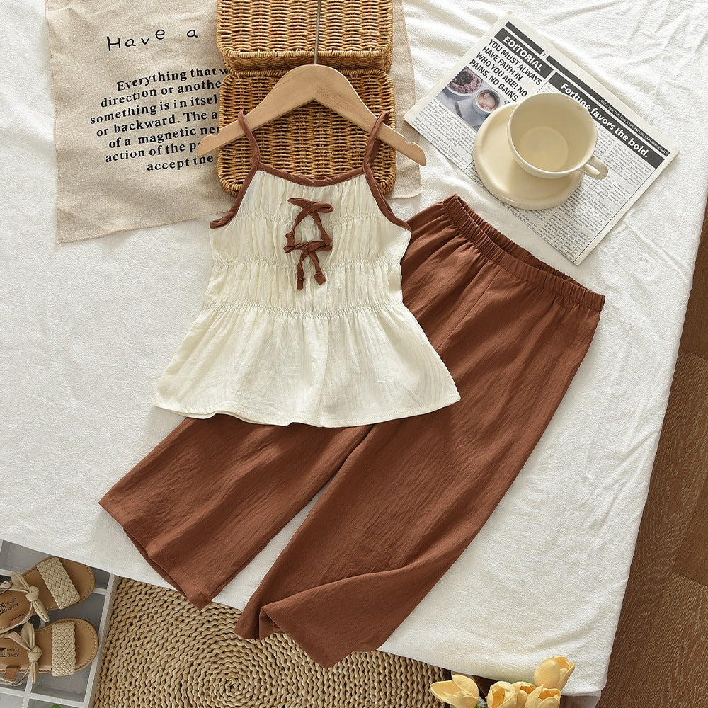Girls' Summer Outfit SetNew Bow Strap Wide Leg Long Pants Two-Piece Set, Children's Clothing