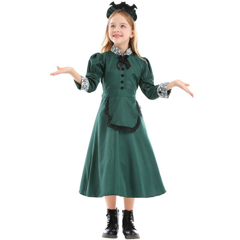Halloween Kids Costume Cosplay Parent-Child Outfit Mysterious Castle Bat Servant Dark Green Lace Dress