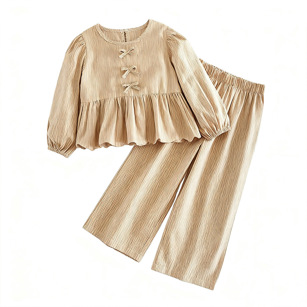 Clothing  Striped Round Neck Long Sleeve Pullover Top Pants Two-Piece Set for Girls
