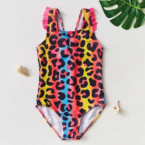 3-10 Years Kids Swimsuit Colorful Leopard Print Bow Girls One-Piece Swimwear Children's Swimsuit