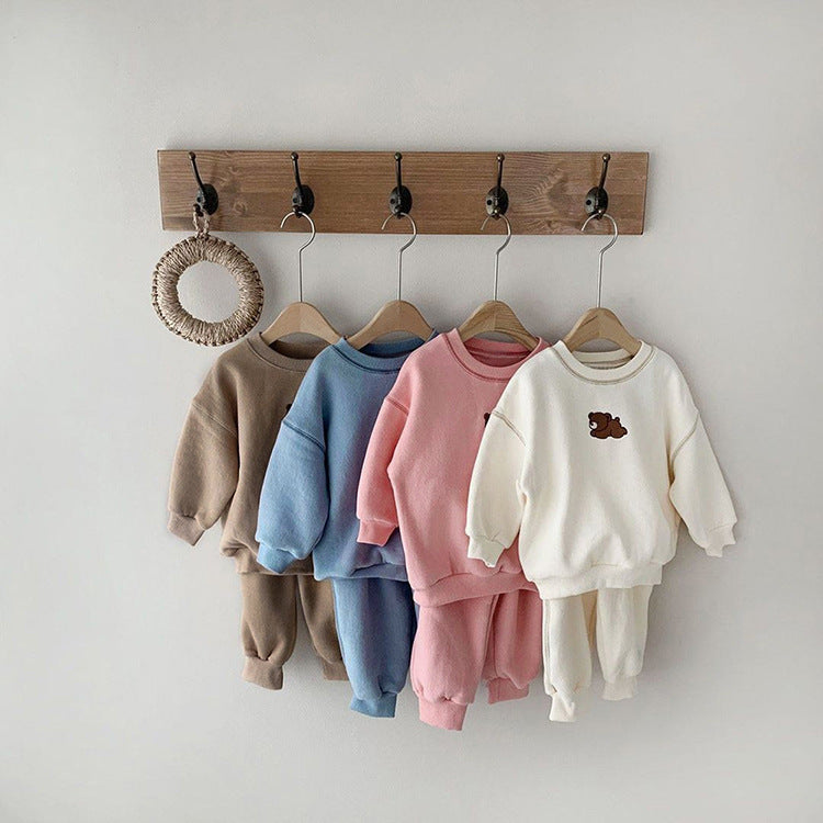 Children's Clothing Set for Boys and Girls, Embroidered Bear Casual Hoodie Set, Baby Sport Two-Piece Outfit