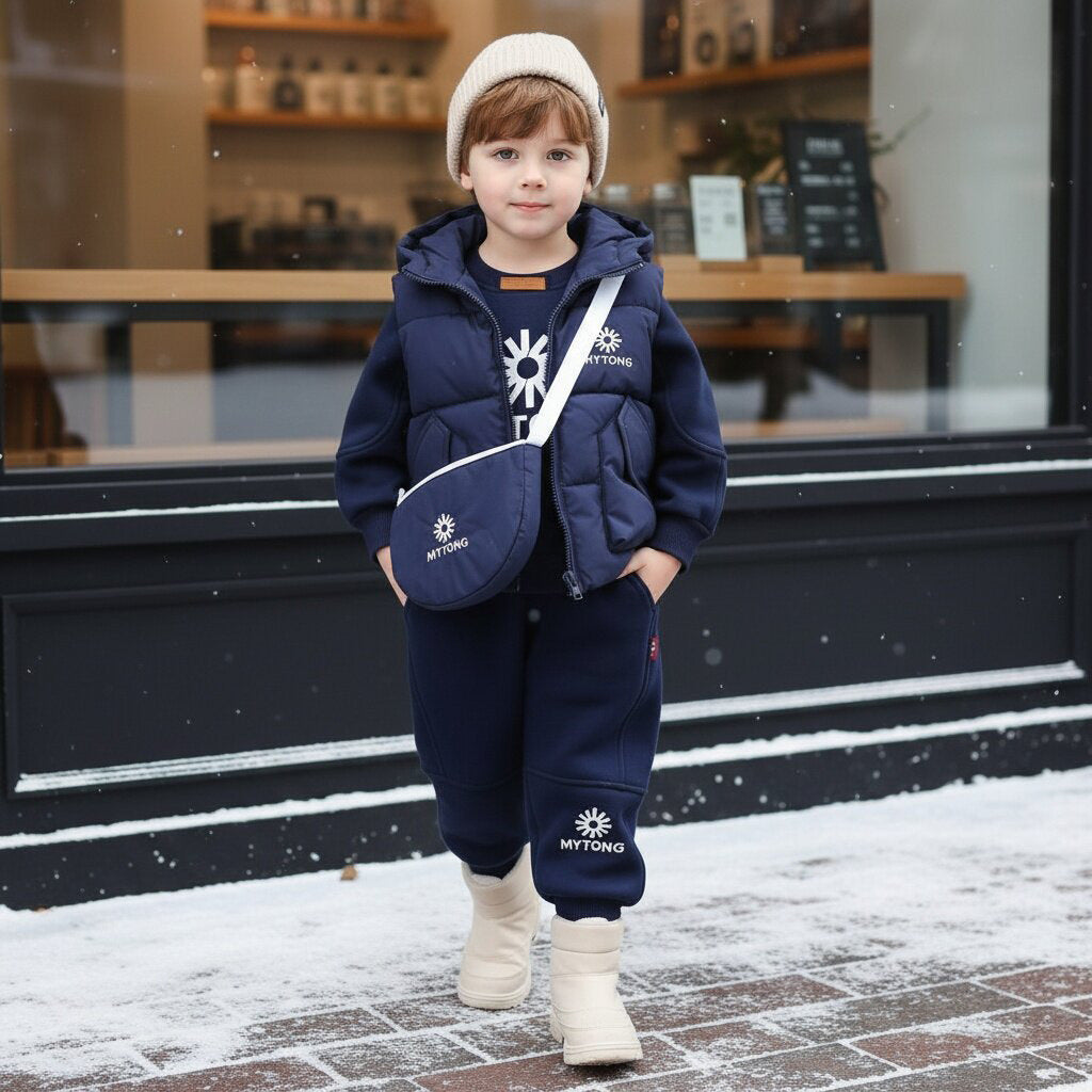 Thickened winter clothing baby warm hooded vest three piece set