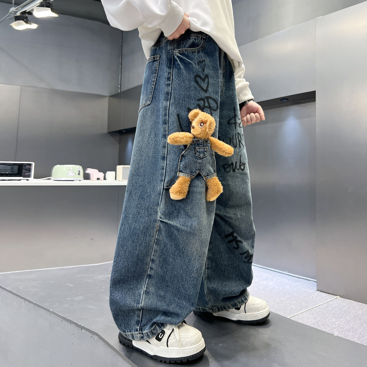 Boys Cartoon Graphic Denim Jeans Autumn Winter Loose Wide Leg Pants