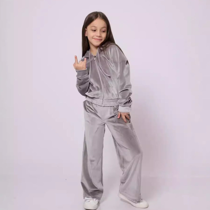 Autumn and Winter Girls' Sports Hat Velvet Set Casual Hoodie Two Piece Set