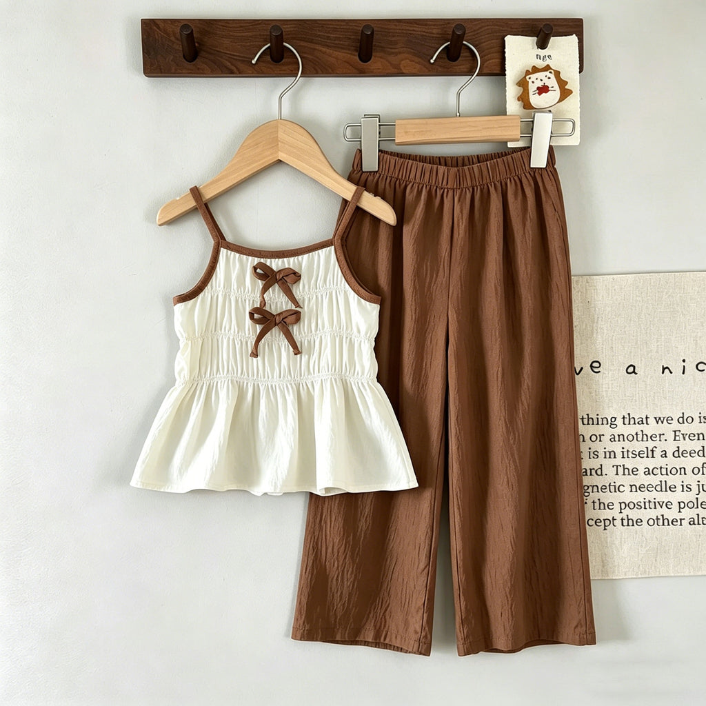 Girls' Summer Outfit SetNew Bow Strap Wide Leg Long Pants Two-Piece Set, Children's Clothing