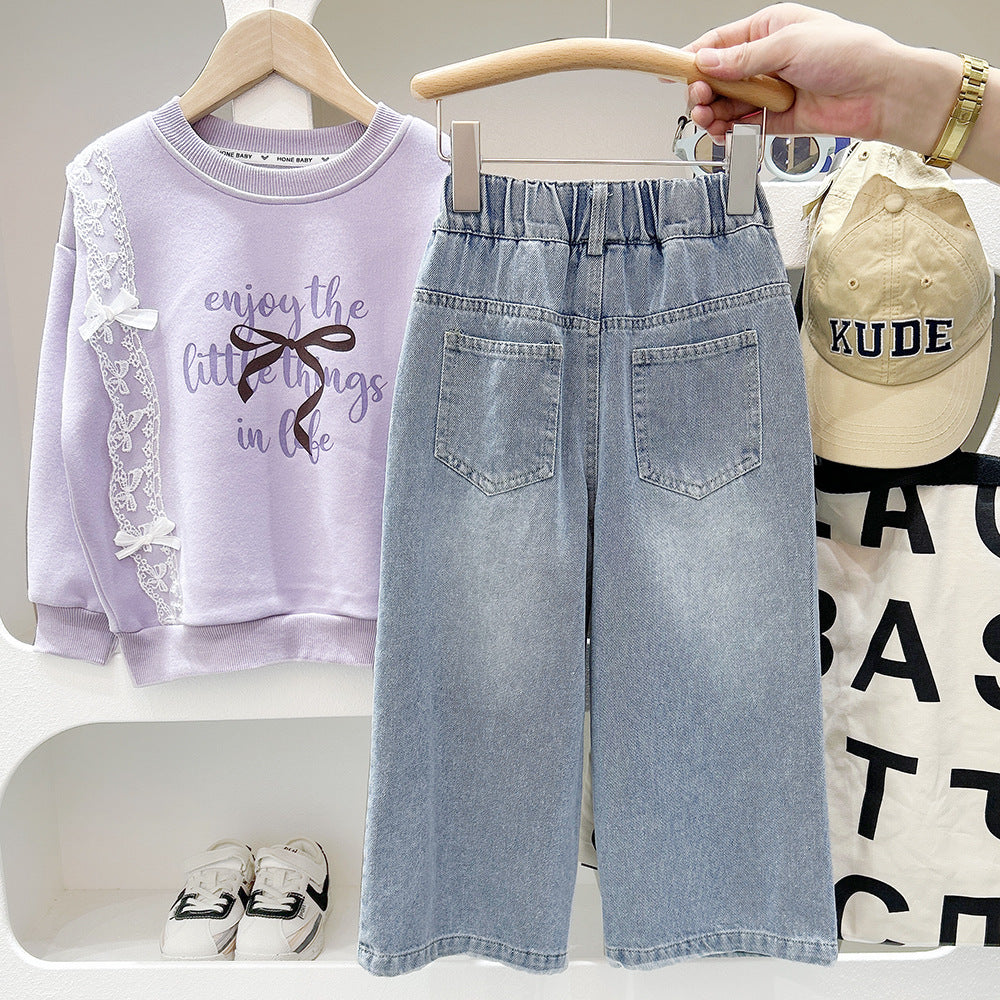 Casual Wide Leg Jeans for Girls, Straight Loose Fit Kids Denim Pants