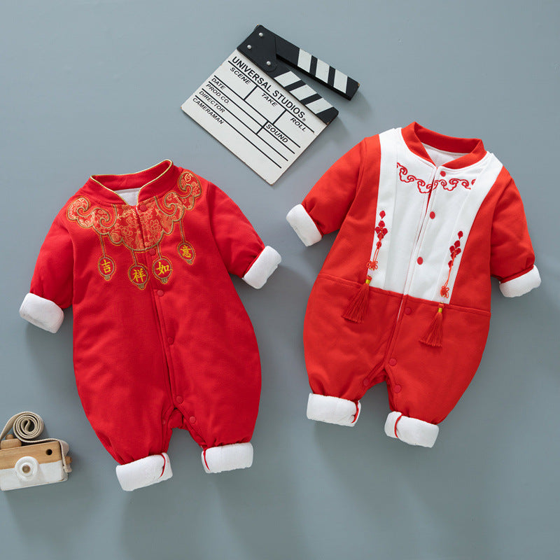 Red Baby Quilted Onesie Thickened Warm Clothing for Boys and Girls