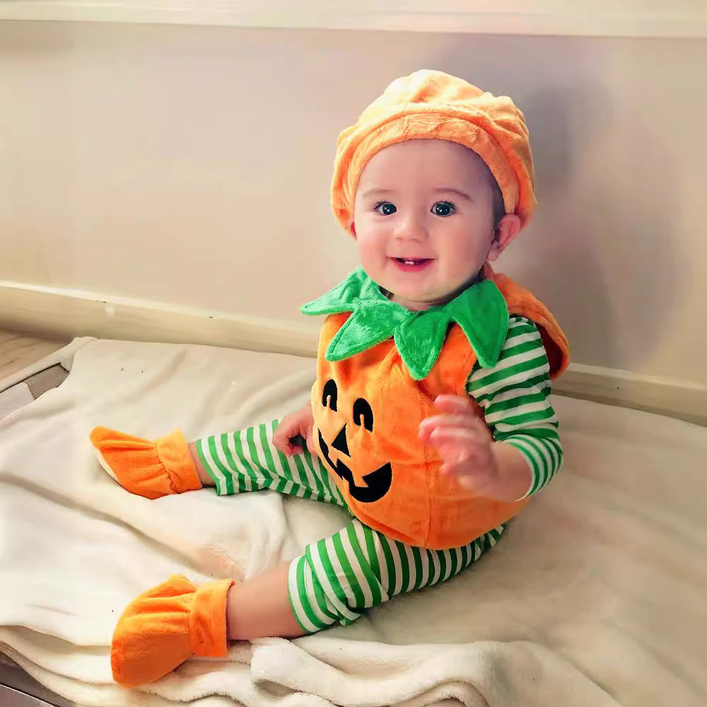 Cute Halloween Kids' Pumpkin Triangular Romper Set with Round Neck and Sleeveless DesignThree-Piece Outfit