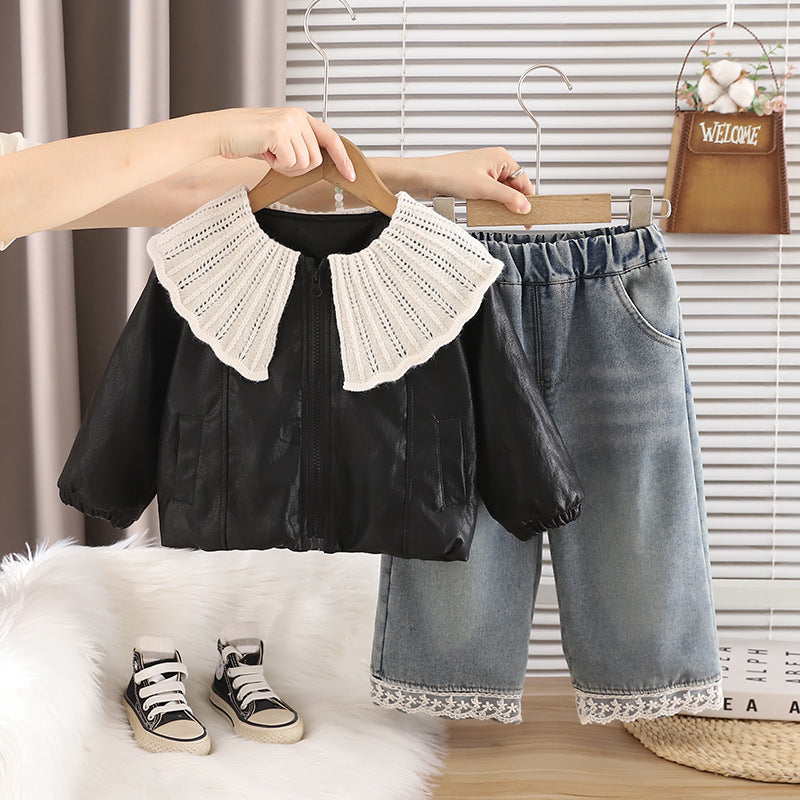 Girls Autumn Winter Knit Three-Piece Set with Large Lapel