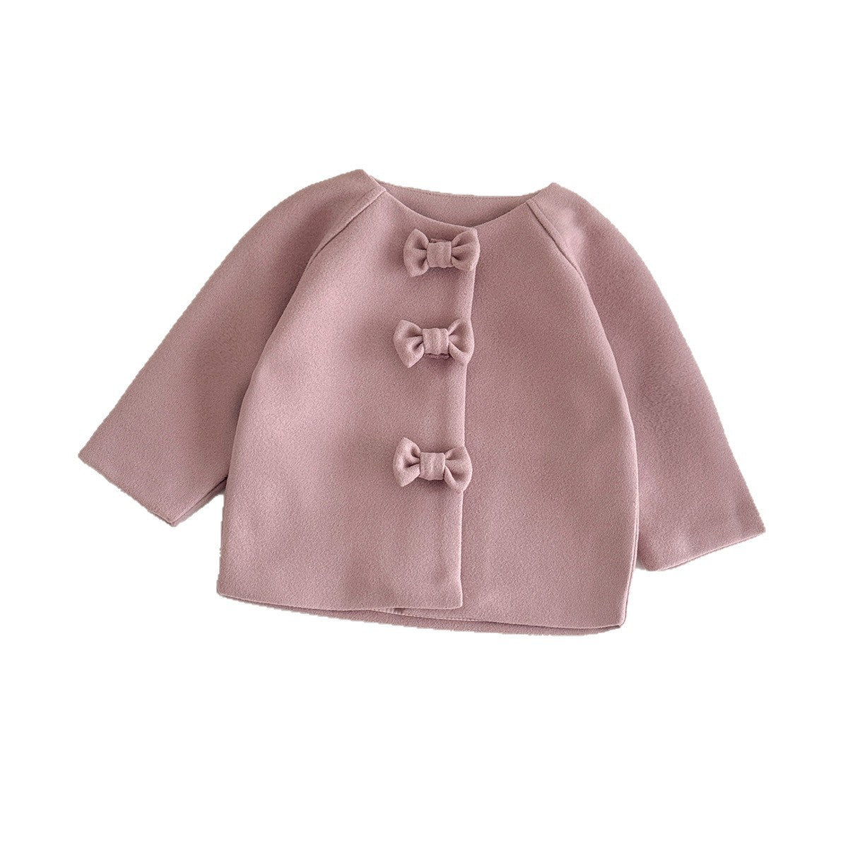 Girls' pink woolen coat with bow decoration and snap button children's clothing