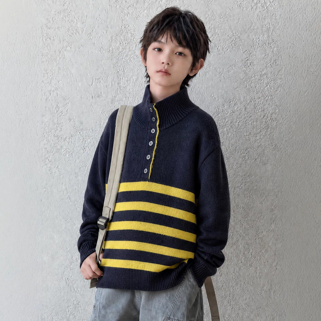 Boys' Autumn Winter Striped Half-Open Collar Knit Sweater