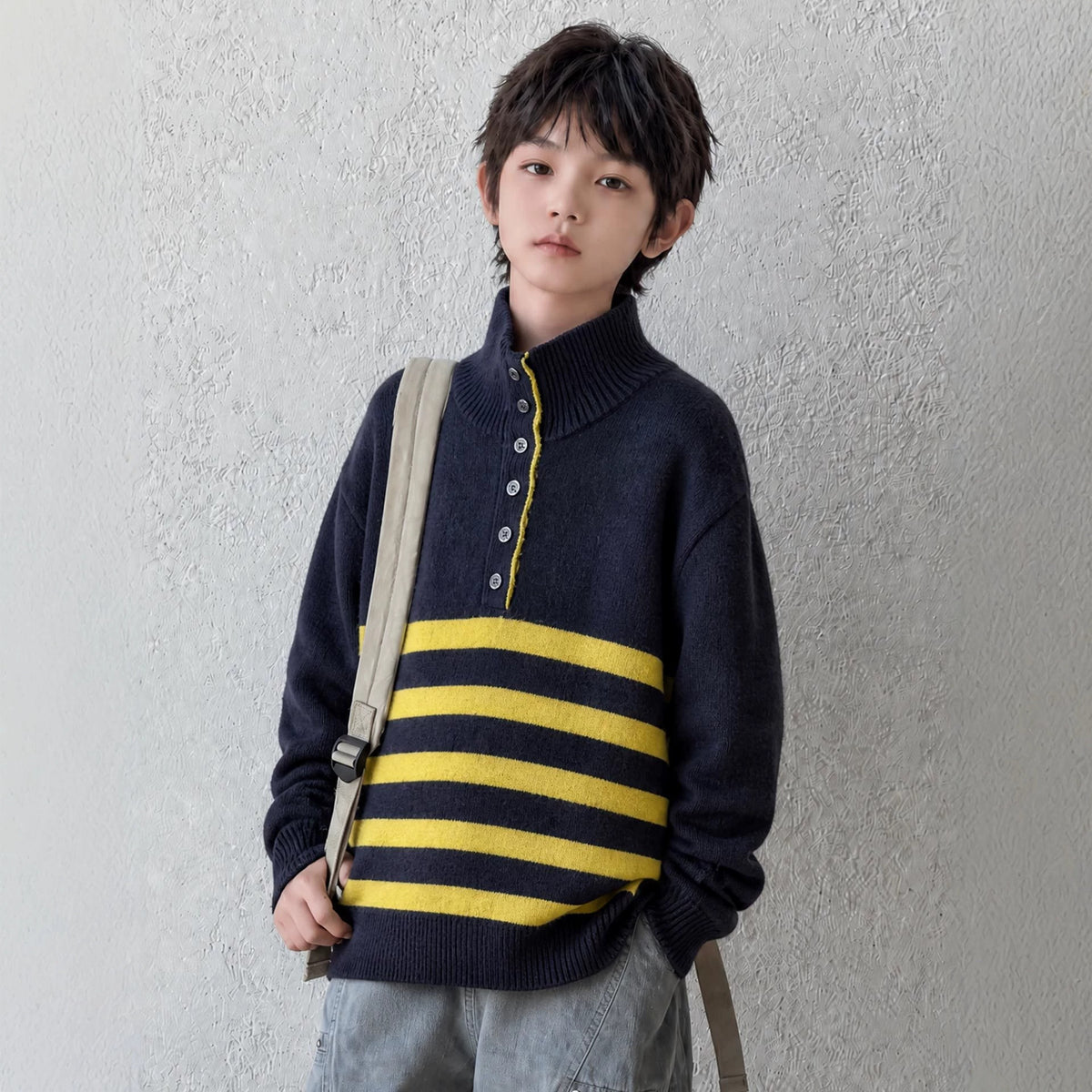 Boys' Autumn Winter Striped Half-Open Collar Knit Sweater