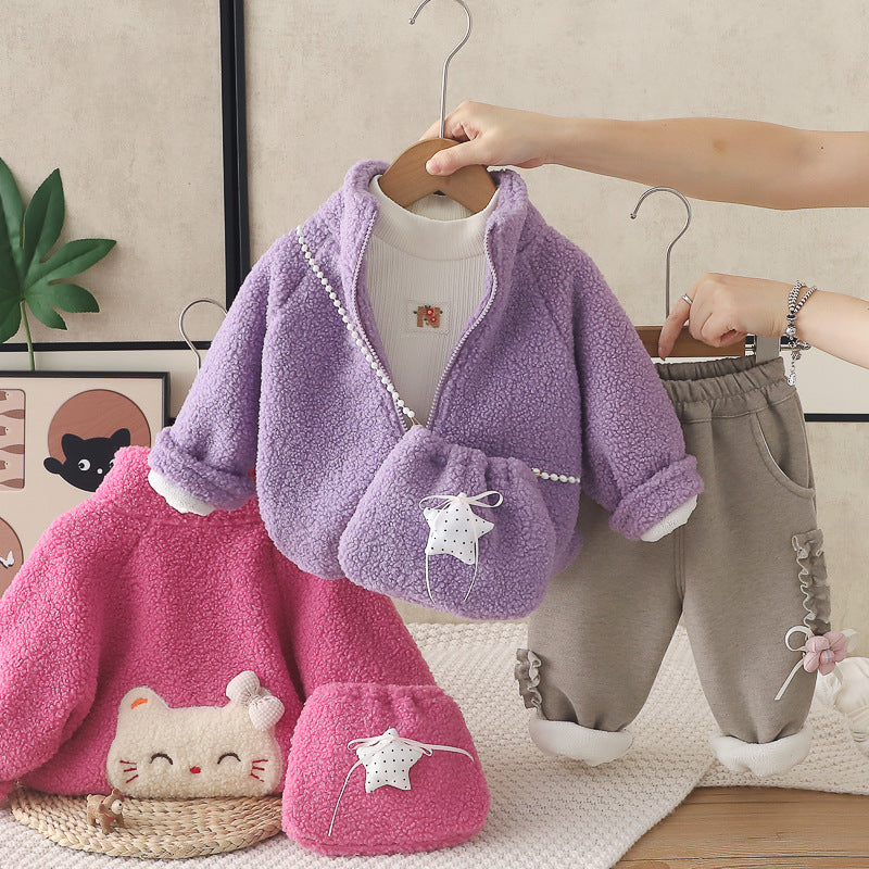 Girls Autumn Winter Fleece Lined Star Cat Print Three-Piece Set Outfits with Bag