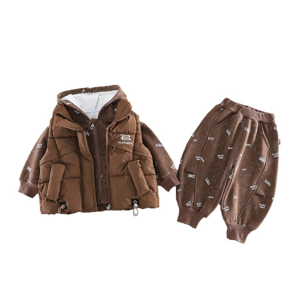 Thickened letter vest children's winter clothing three piece set