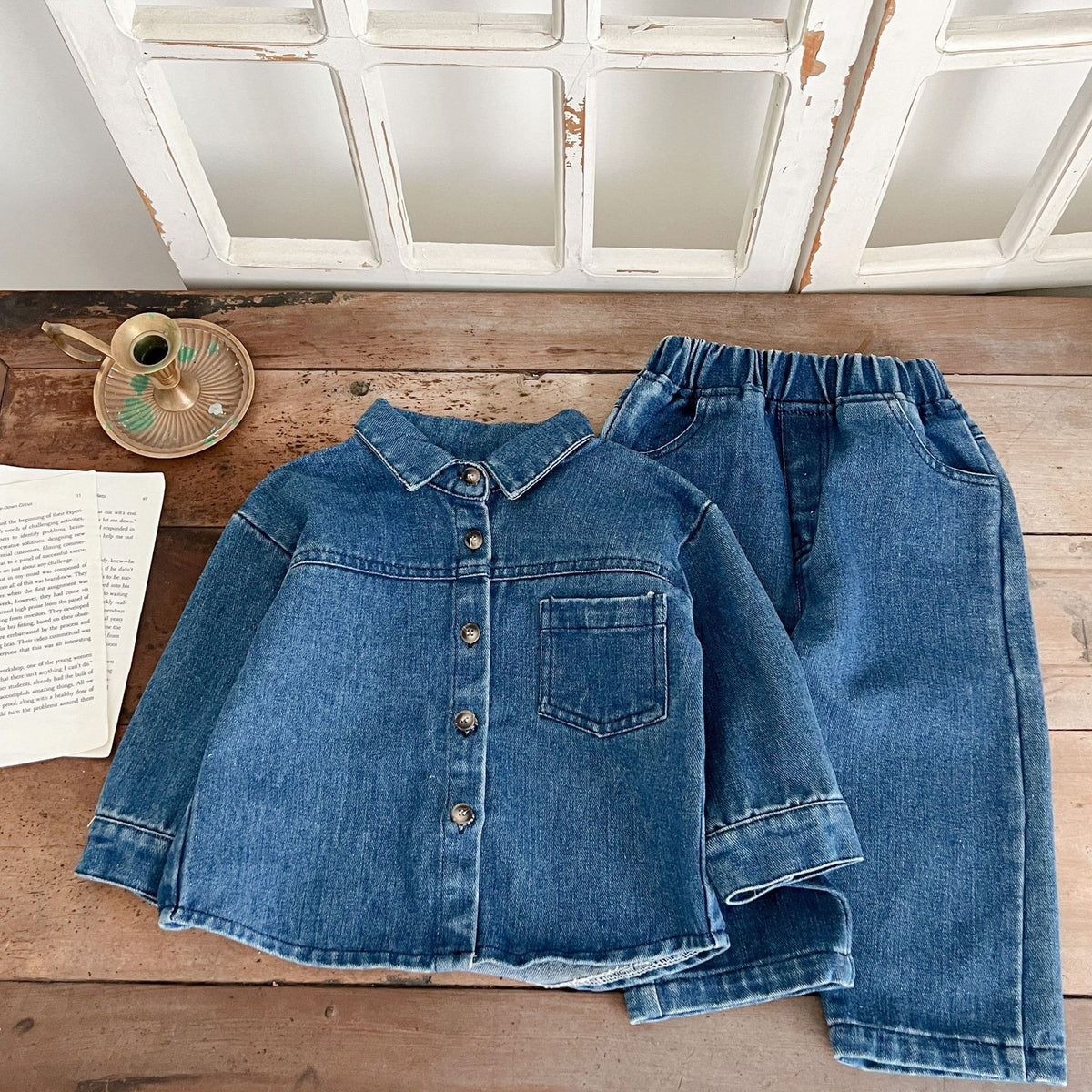 Autumn and winter set boys' and girls' solid color denim two-piece set