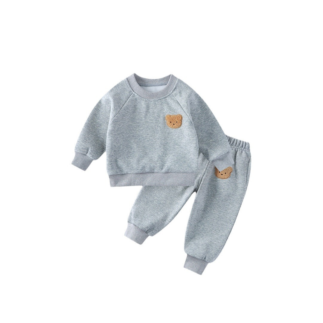 Children's Hoodie Set Autumn Winter Warm Fleece Two-Piece Outfit for Boys and Girls, Simple Comfortable Casual Sportswear