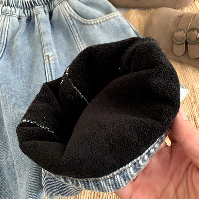 Boys' one-piece fleece denim winter clothing children's plus fleece pants