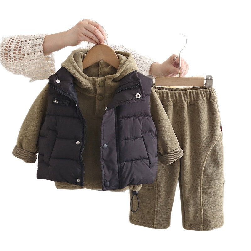 Boys'  Winter Fleece-Lined Three-Piece Set Thickened Vest Outfit