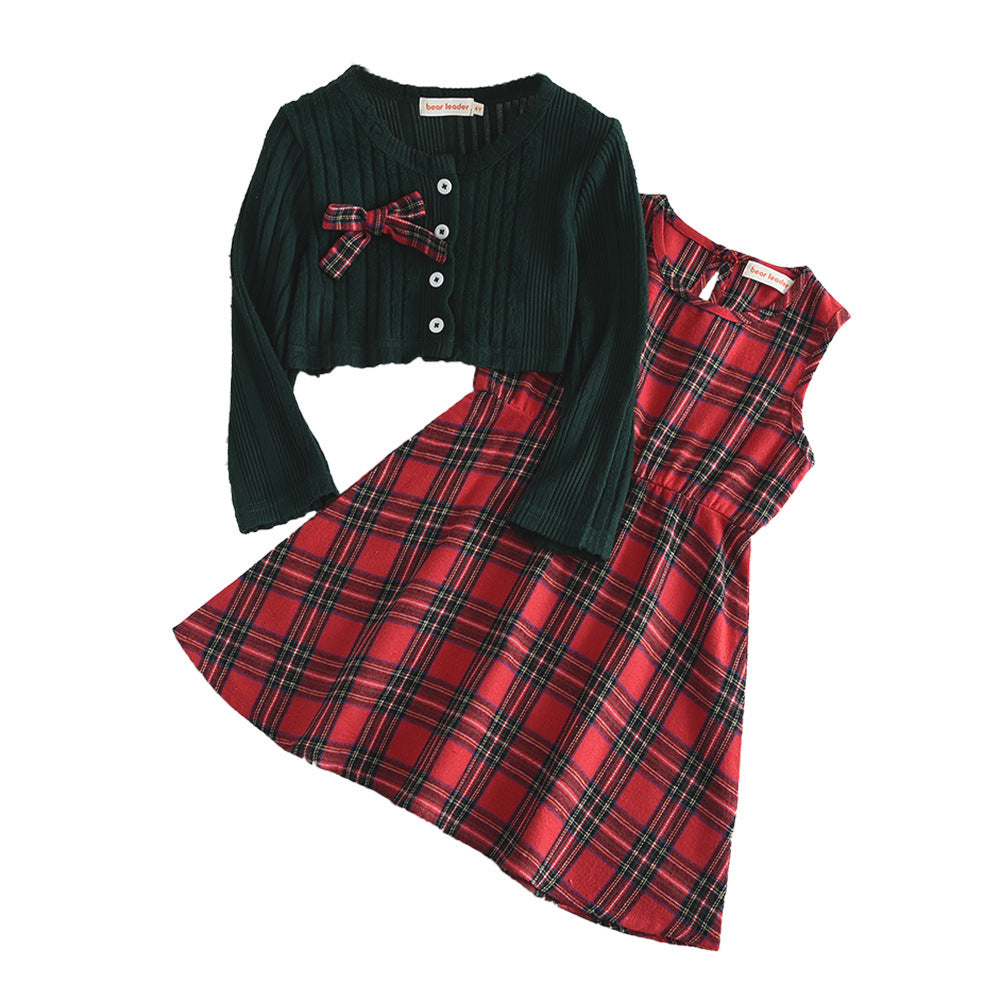 Autumn/Winter Girls' Green Long Sleeve Cardigan Top with Red Plaid Vest Dress Set Christmas Bestseller