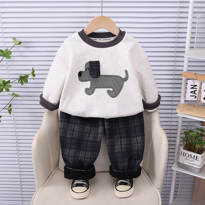 Stylish Boys Autumn Winter Fleece-Lined Dog Print Hoodie Set