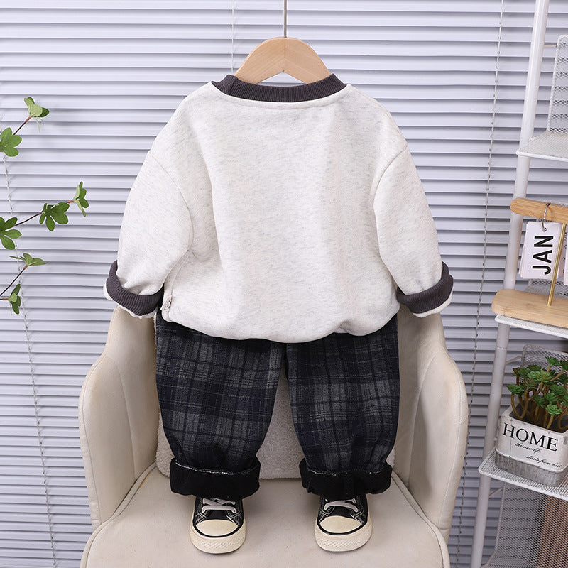 Stylish Boys Autumn Winter Fleece-Lined Dog Print Hoodie Set