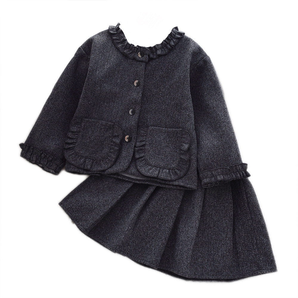 Girls' Autumn/Winter Set  High-Quality Gray Ruffle Long Sleeve Jacket Pleated Skirt Two-Piece Outfit