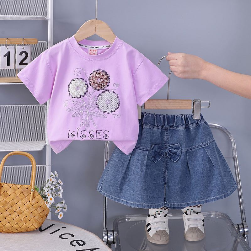 Casual short sleeved shorts two-piece set for girls' clothing