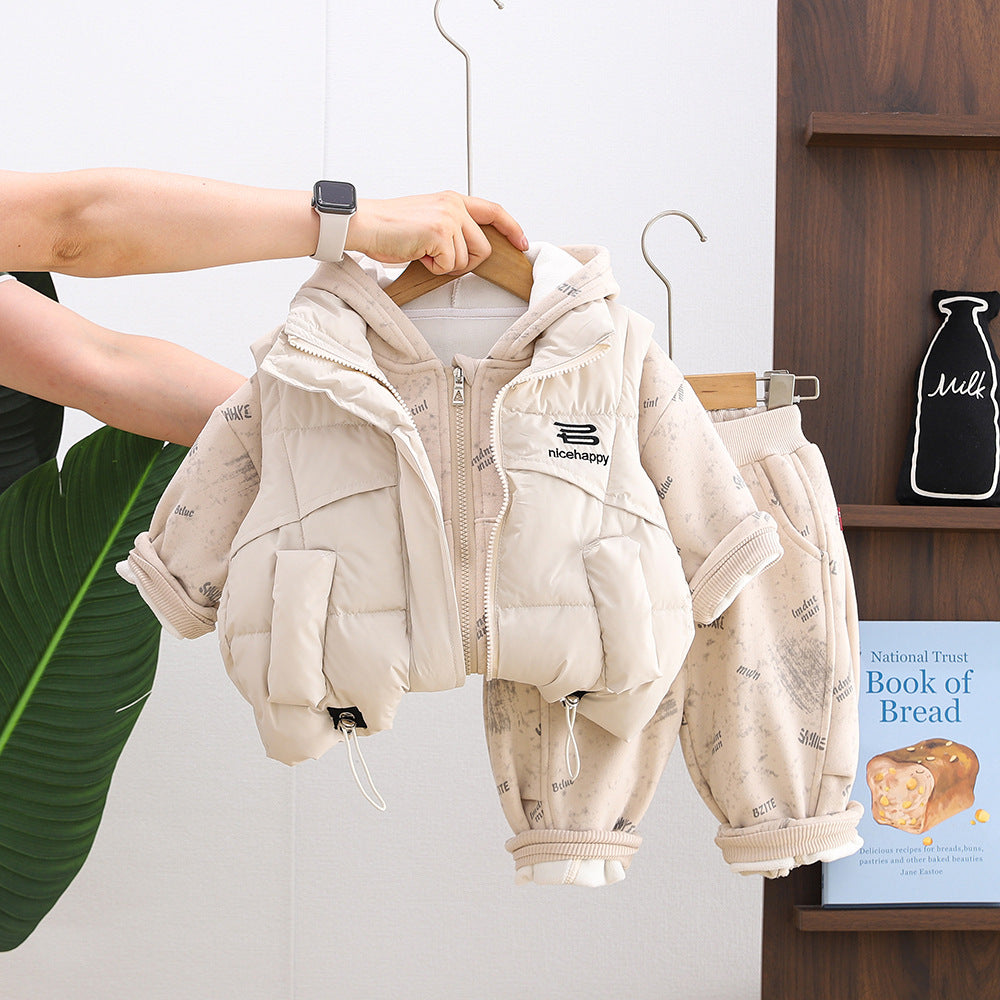 Thickened letter vest children's winter clothing three piece set