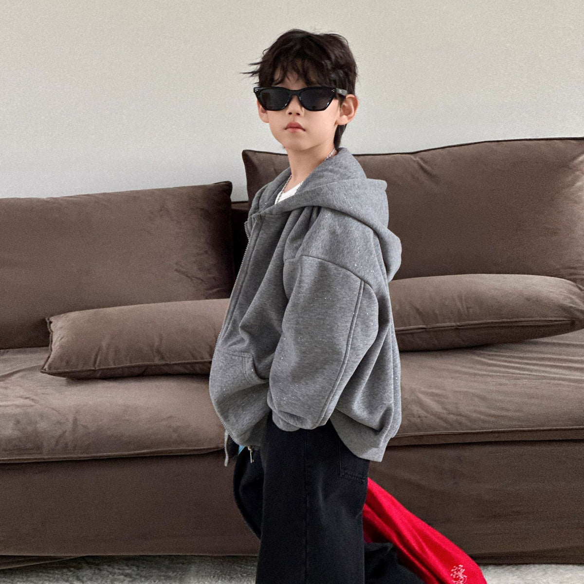 Boys' Thickened Fleece Hooded Zip-Up Jacket  Relaxed Fit Autumn Winter Kids Outerwear
