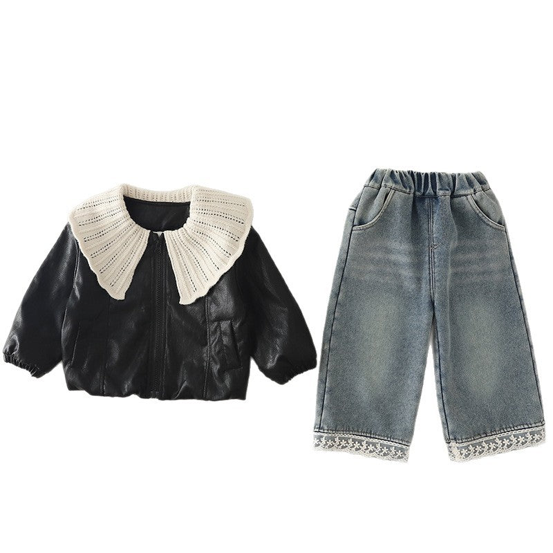 Girls Autumn Winter Knit Three-Piece Set with Large Lapel