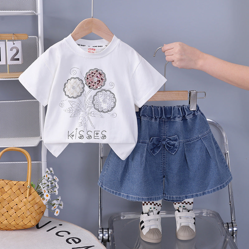 Casual short sleeved shorts two-piece set for girls' clothing