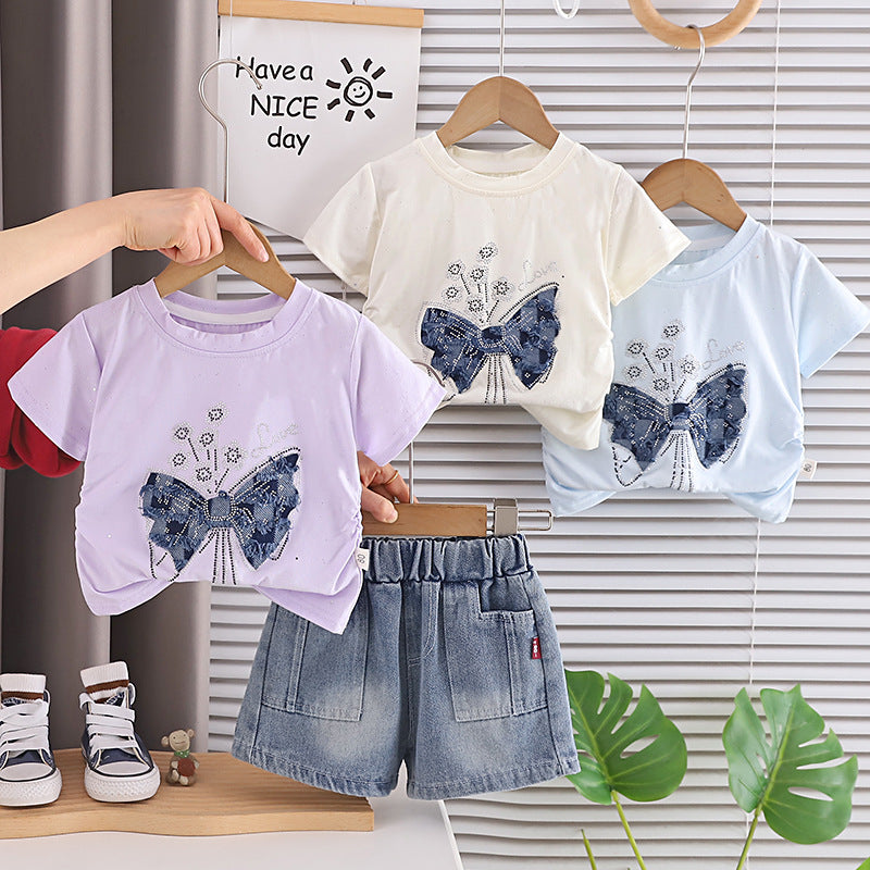 Two piece set of children's summer short sleeved thin clothing for girls