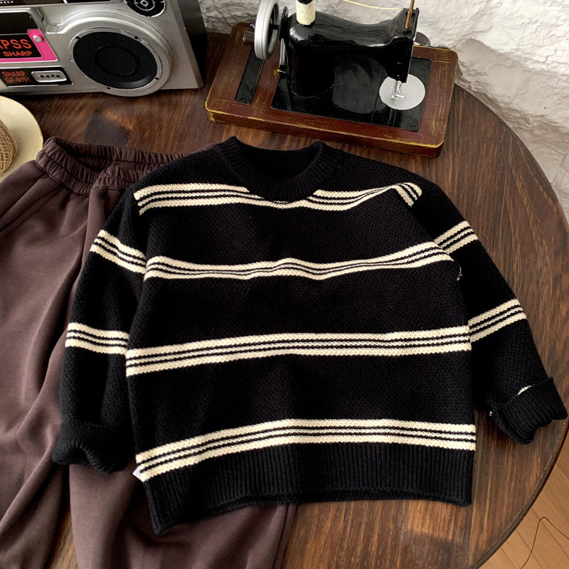 Children's color blocked striped knitted sweater for autumn and winter boys' clothing