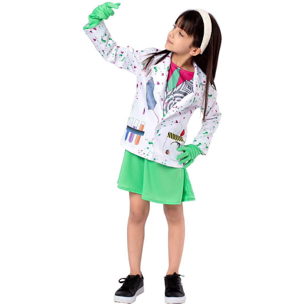 Halloween Scientists Costume Role Play Cosplay Outfit for Kids with Funny Print Stage Performance Wear