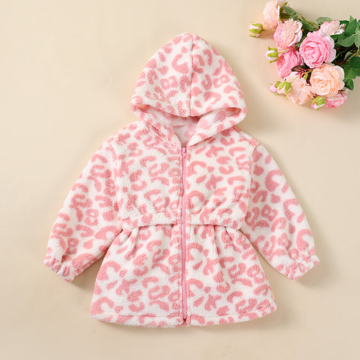 Winter Fashion Leopard Print Double-Sided Fleece Hooded Waist-Cinched Casual Coat for Girls
