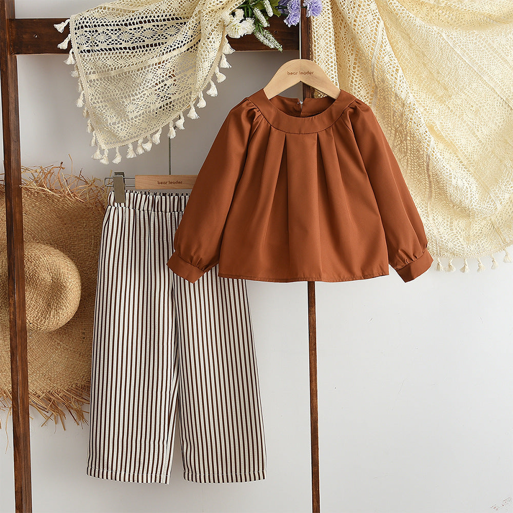 Fashionable Two-Piece Set for Girls: Long Sleeve Pullover Top with Striped Pants, Casual Children's Clothing