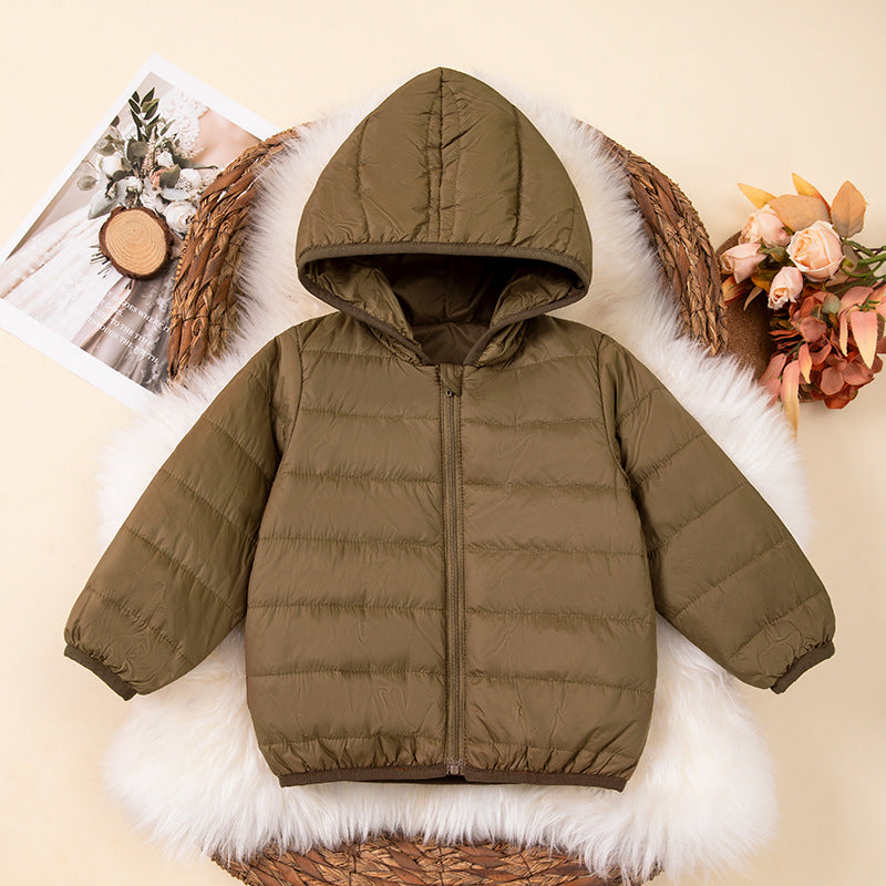 Autumn Winter Kids' Jacket for Boys and Girls Coffee Color Fleece Lined Hooded Short Warm Cotton Coat
