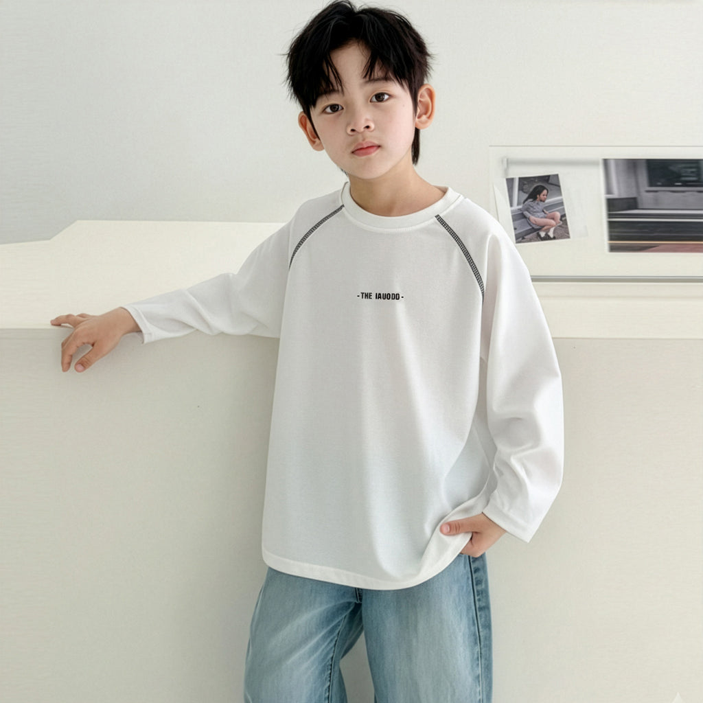 Boys' White Long Sleeve Round Neck Casual Loose Fit Autumn Winter T-Shirt
