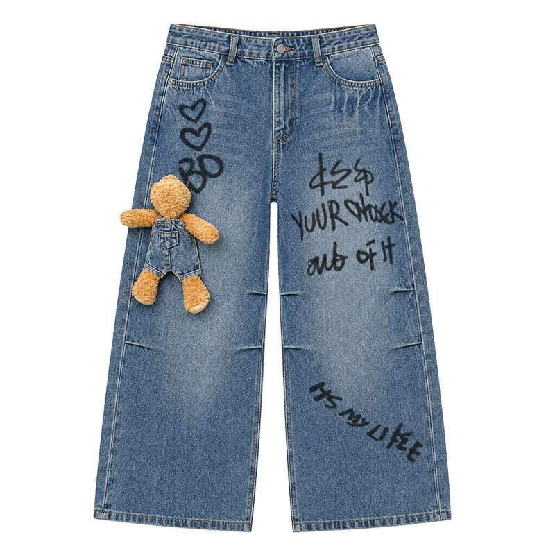 Boys Cartoon Graphic Denim Jeans Autumn Winter Loose Wide Leg Pants