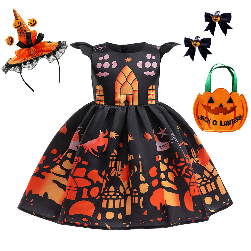 Fancy Halloween Printed Satin Dress for Kids Princess Party Costume Dress