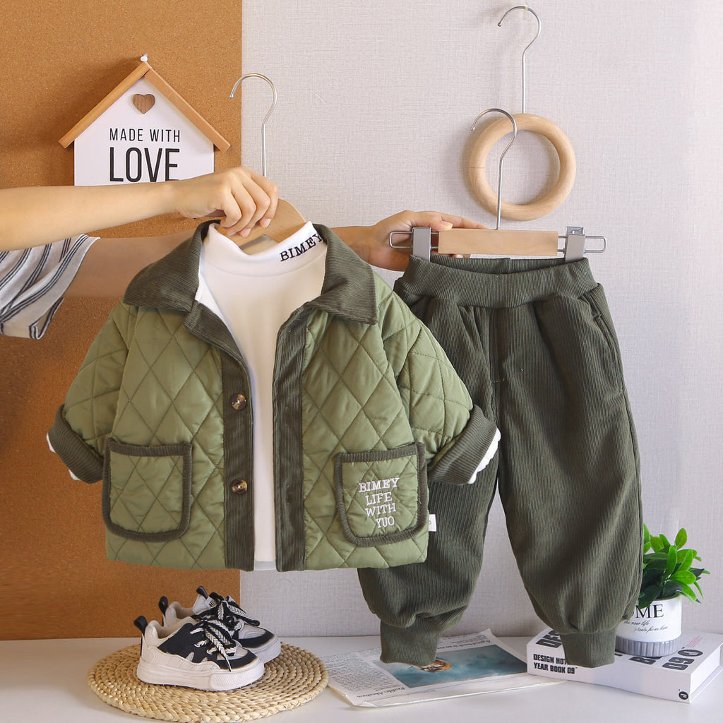 Three piece set of children's winter clothing with plush and thickened cotton jacket