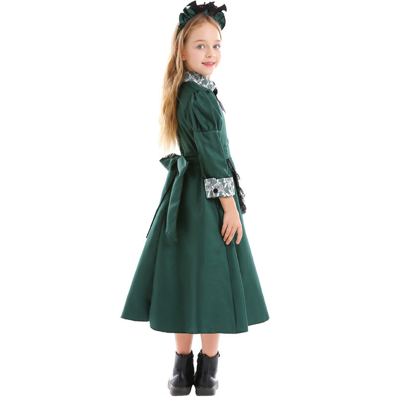 Halloween Kids Costume Cosplay Parent-Child Outfit Mysterious Castle Bat Servant Dark Green Lace Dress
