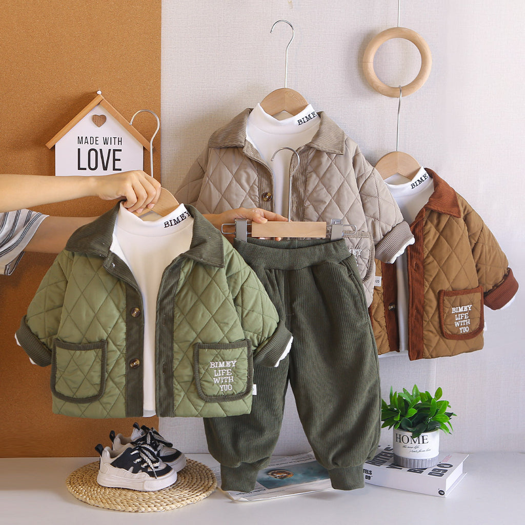 Three piece set of children's winter clothing with plush and thickened cotton jacket