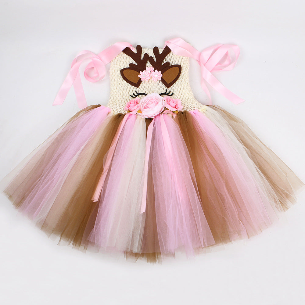 Halloween Christmas Deer Flower Dress Kids Costume Clothing Cartoon Deer Tutu Skirt Girl Tulle Princess Dress
