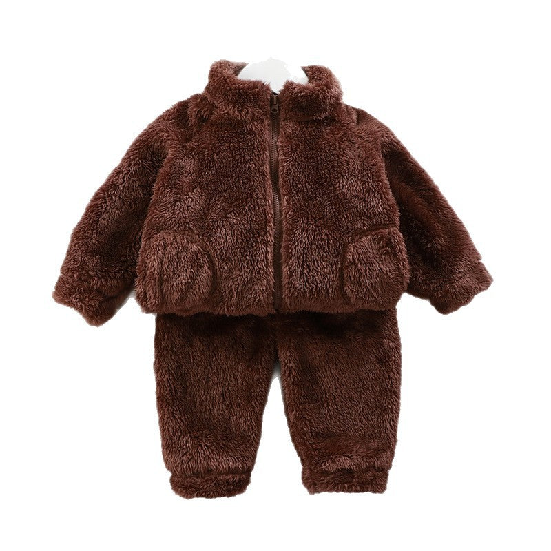Children's Set Autumn Winter Warm Fleece Clothing for Boys and Girls, Solid Color Fashionable Home Wear with Zipper, Two-Piece Set