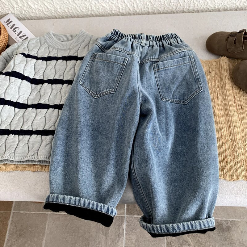 Boys' one-piece fleece denim winter clothing children's plus fleece pants