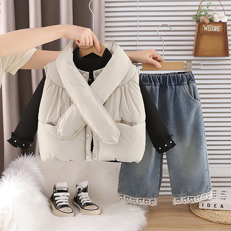 Girls Winter 3-Piece Set Thickened Fleece Hoodie Vest Scarf Stylish Warm Outfit
