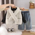 Girls Winter 3-Piece Set Thickened Fleece Hoodie Vest Scarf Stylish Warm Outfit