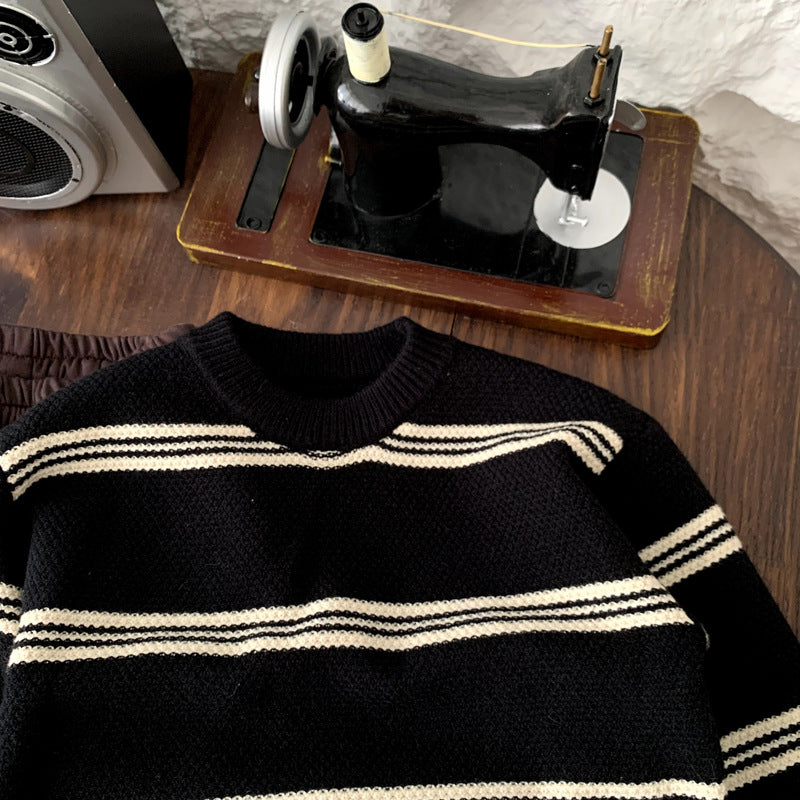 Children's color blocked striped knitted sweater for autumn and winter boys' clothing