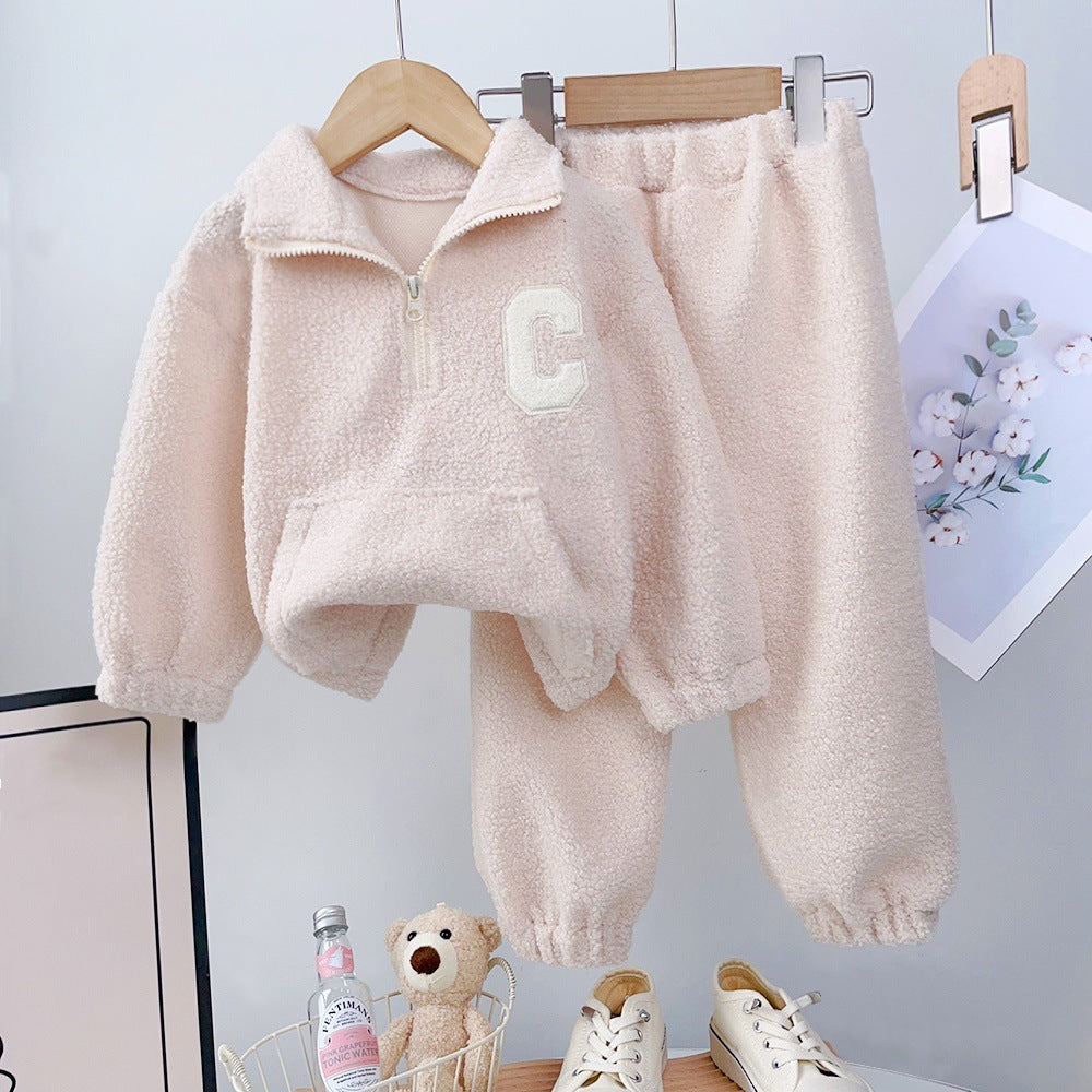 Fall Winter  Girls' Simple Letter Fleece High Neck Coat and Long Pants Two-Piece Set